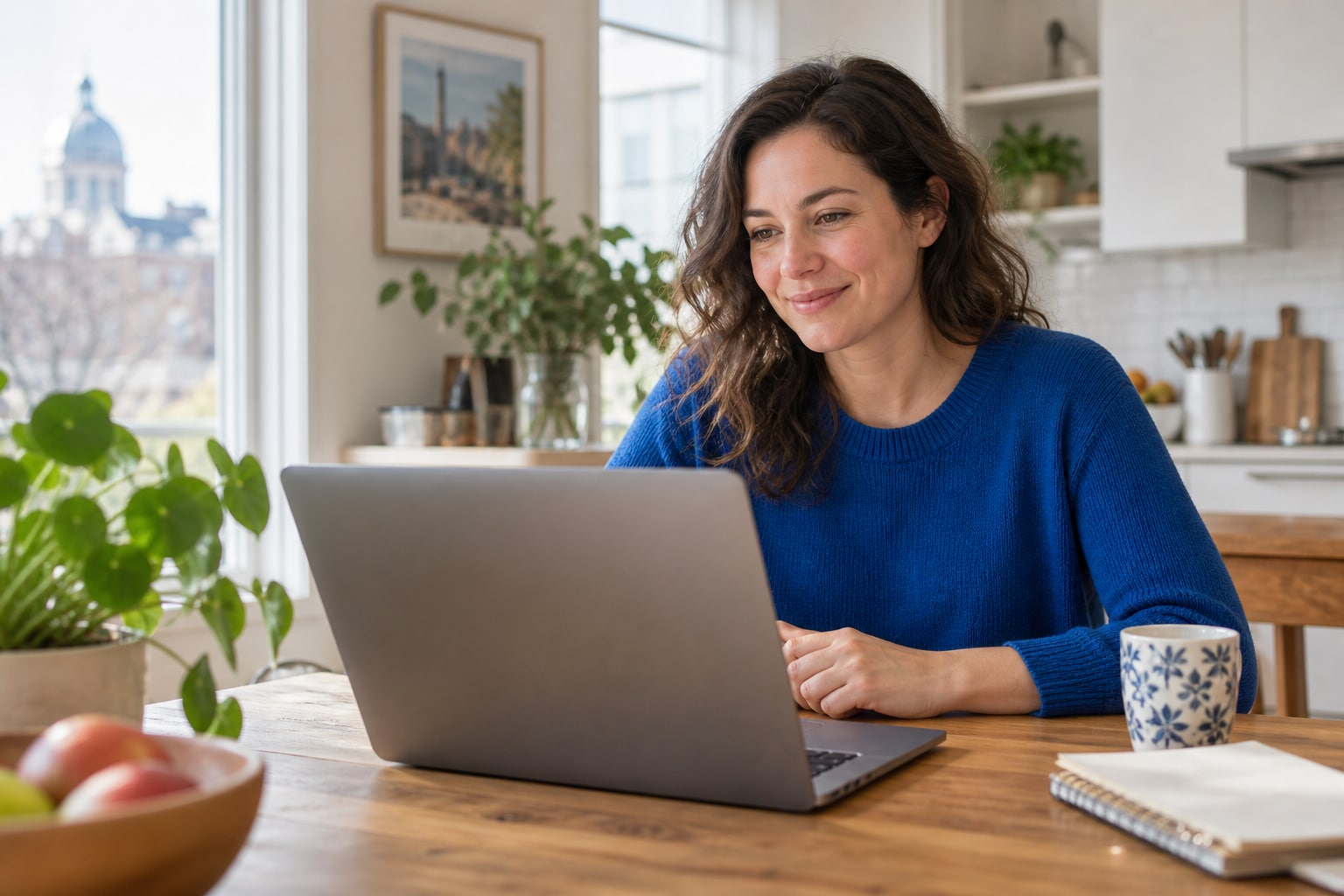 Une femme chez elle devant son ordinateur, prête pour une rencontre à distance.