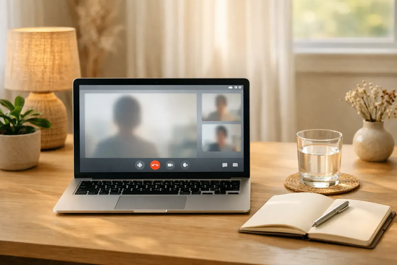 Espace calme et privé préparé pour un rendez-vous en téléconsultation.