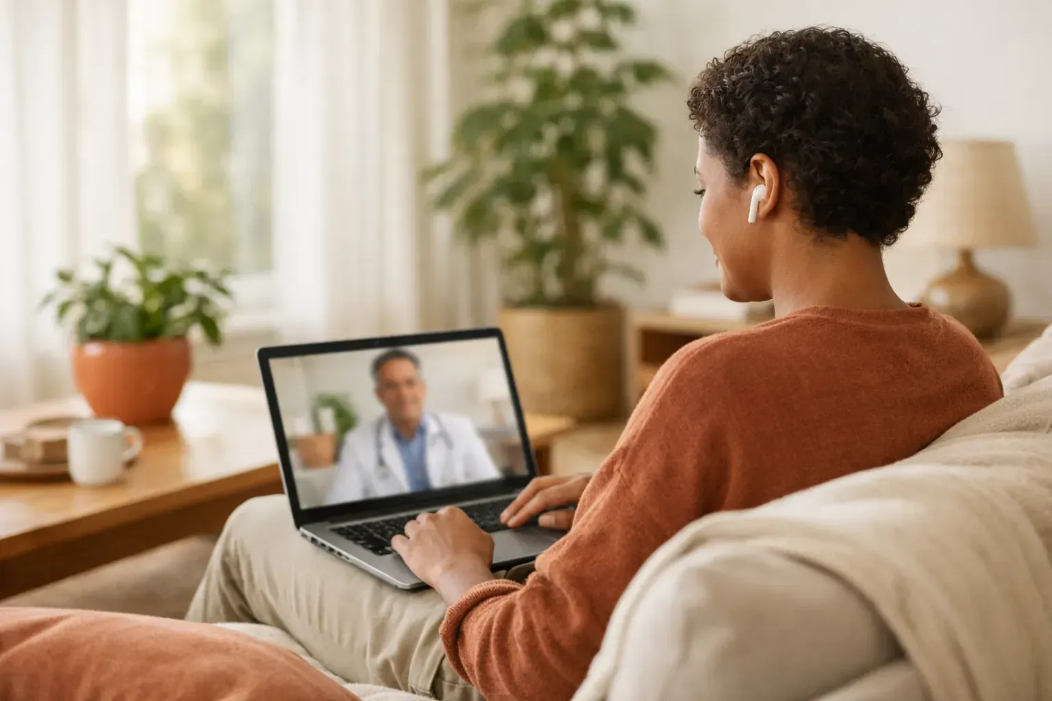 Personne dans un salon lumineux, en téléconsultation sur un ordinateur portable.
